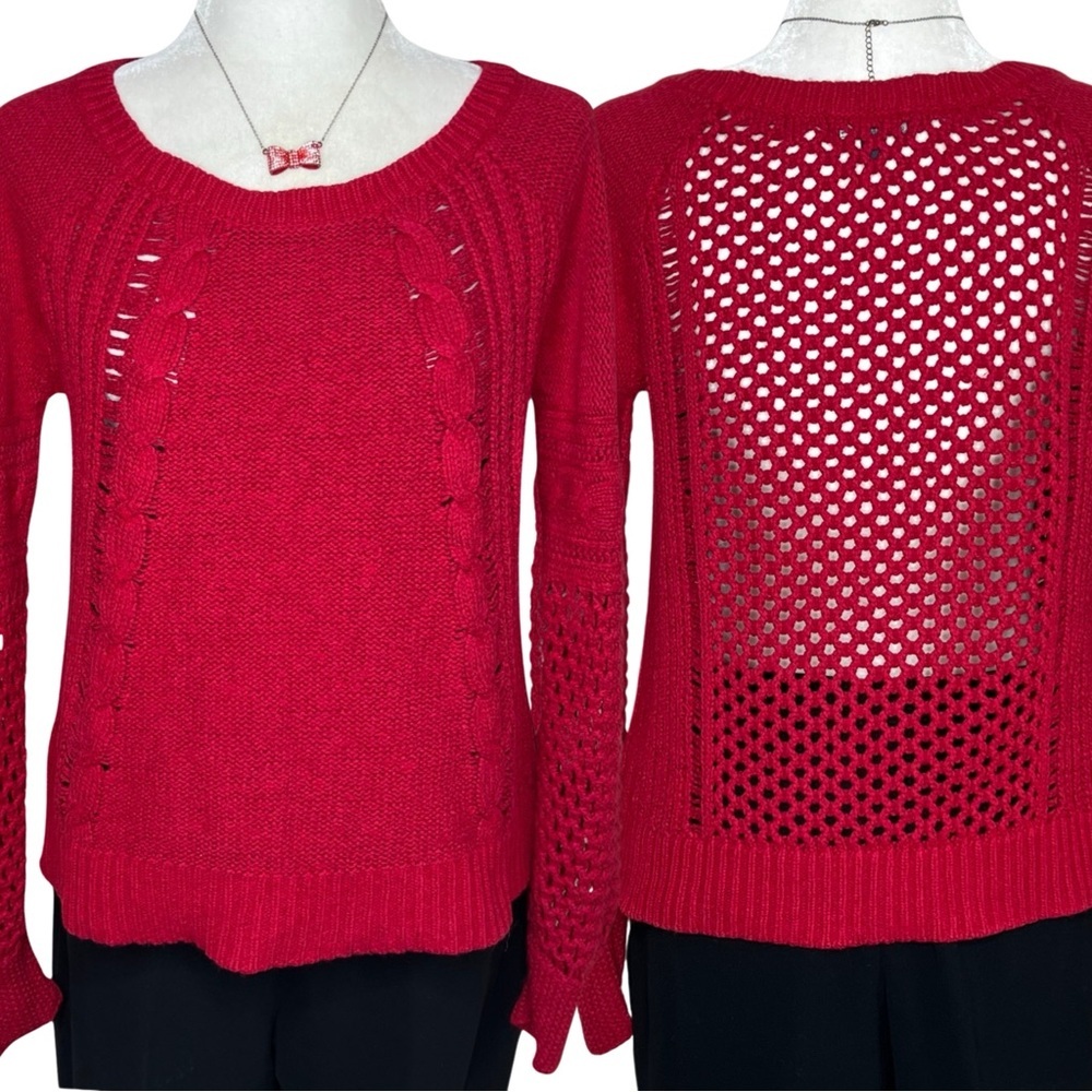 AEO Sweater Open Weave Cable Knit Cotton Wool Blend Pullover Red Medium M